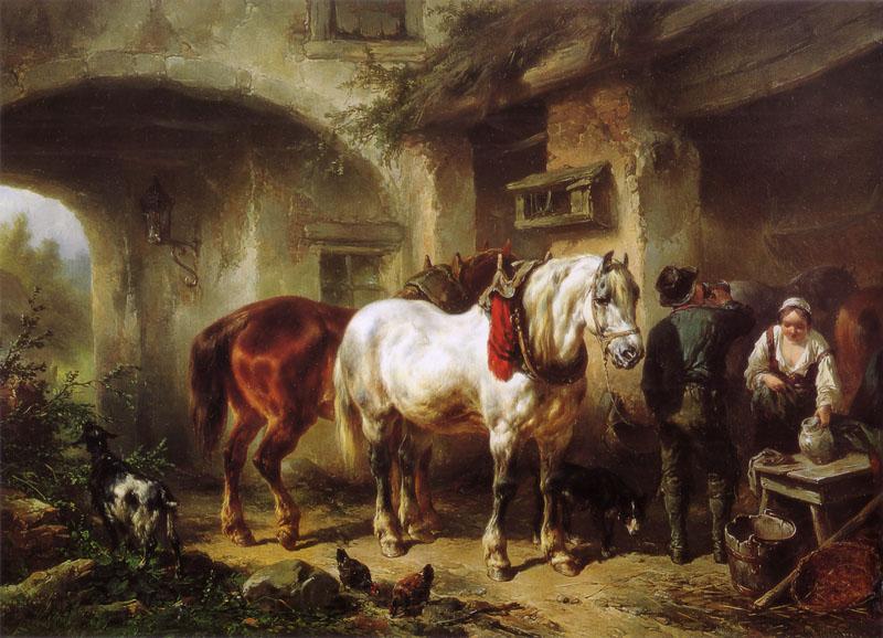 Wouterus Verschuur Horses and people in a courtyard Spain oil painting art